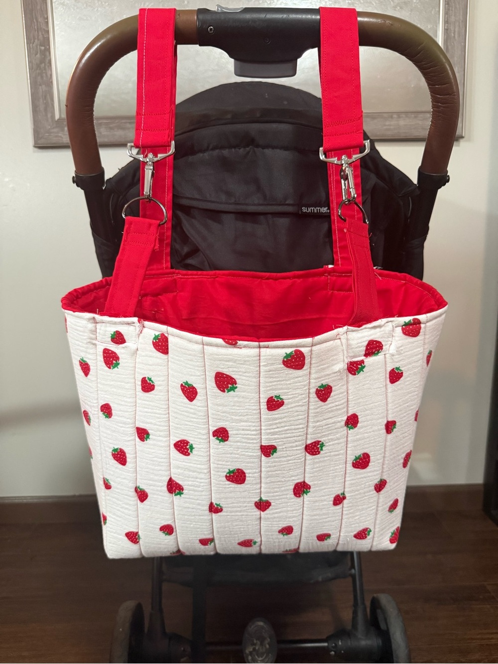 Strawberry Print Quilted Tote Bag with Red Trim